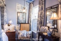 Beautiful Blue And White Toile Bedroom Makeover Glass Dining Room Table