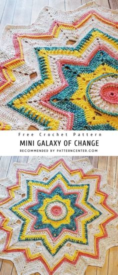 a crocheted blanket that has been made into a star pattern with the words, free crochet pattern mini galaxy of change