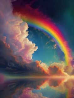 a rainbow in the sky with clouds reflecting on water