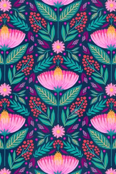 a floral pattern with pink flowers and green leaves on a dark blue background, suitable for wallpaper or fabric