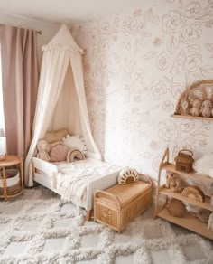 a child's bedroom with a canopy bed and teddy bears on the rugs