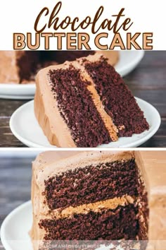 chocolate butter cake on a white plate with text overlay