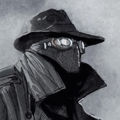 a drawing of a man wearing a hat and trench coat with goggles on his face