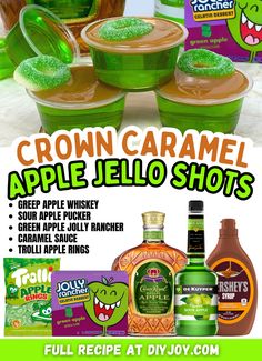 an advertisement for apple jello shots with green apples