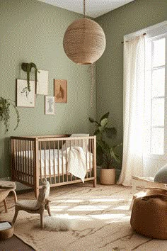 a baby's room with a crib, rocking chair and large potted plant