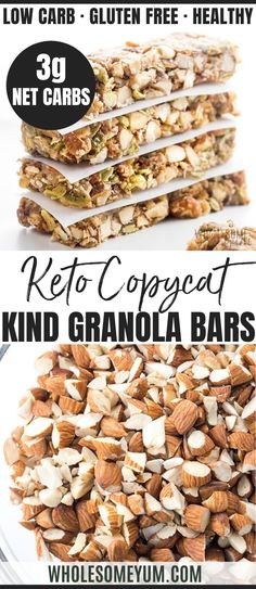 three different kinds of granola bars stacked on top of each other with the words keto