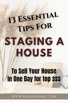 a table with books, coffee cup and plant on it that says 3 essential tips for staging