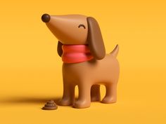 a brown dog with a red collar on it's neck standing in front of a yellow background