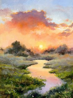 an oil painting of a sunset over a river