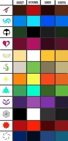 color chart with different colors and symbols