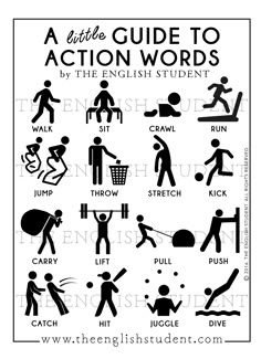 the english student's guide to action words, including an image of people and their actions