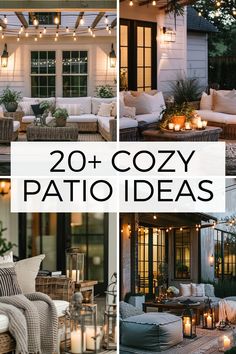 patio decorating with candles and lights on the porch, couches and tables are featured in this collage