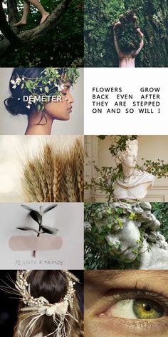 a collage of different pictures with trees and flowers in the background, including an image of a woman's face