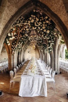 Fairytale Splendor! Immerse yourself in regal romance with this castle wedding reception inspo in Italy, adorned with cascading white florals. From medieval charm to modern elegance, discover inspiration that transforms your reception into a storybook celebration. Pin for ideas that capture the essence of fairytale splendor and the allure of a wedding surrounded by the magic of a castle. Wedding Castle Decoration, European Theme Wedding, Italian Cathedral Wedding, Italian Winery Wedding, Castle Wedding Reception, Table Decor Wedding Reception, Italian Castle Wedding, White Florals Wedding, Aesthetic Weddings