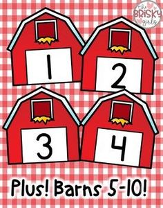 three red barns with numbers on them