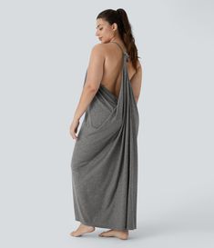 Women’s V Neck Backless Tie Back Ruched Maxi Resort Plus Size Slip Dress - Halara Plus Size Slip Dress, Slip Dress Casual, Maxi Bridesmaid Dresses, Elegant Maxi Dress, Maxi Slip Dress, Plus Size Maxi, Bleach Wash, Dresses Backless, Long Sleeve Maxi