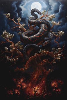 a painting of a snake sitting on top of a tree in front of a full moon