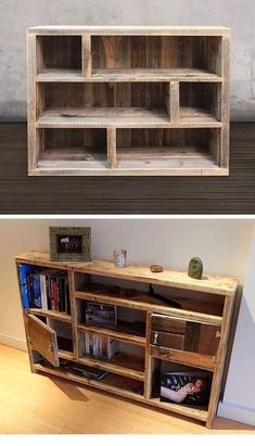 an old wooden entertainment center is transformed into a bookcase