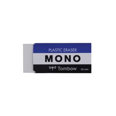 a plastic eraser with the word mono on it in black and white lettering, against a white background