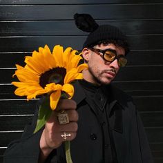 a man wearing sunglasses holding a sunflower in his hand