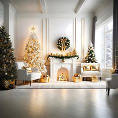 a living room decorated for christmas with gold and white decorations