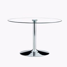 a round glass table with stainless steel legs and a metal base, on a white background