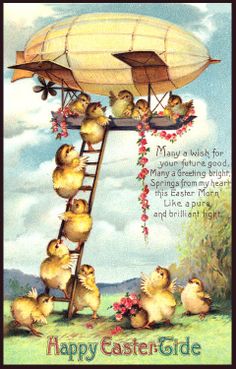 a happy easter card with chicks on a ladder and an airplane in the sky above them