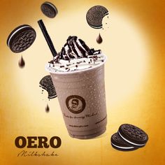 an advertisement for oreo milkshake with chocolate chip cookies falling out of it