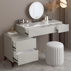 a white vanity with drawers and a mirror on the wall above it, next to a stool