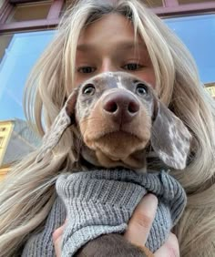 a woman is holding a dog in her arms and she has long blonde hair on it