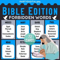 a poster with words and pictures on it that say, bible edition forbidden words for kids