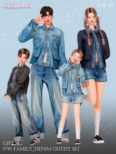 the family is wearing denim outfits and posing for an advertiser's photo