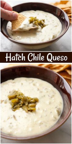 two pictures showing how to make hatch chile quesadilla soup with cheese and jalapenos