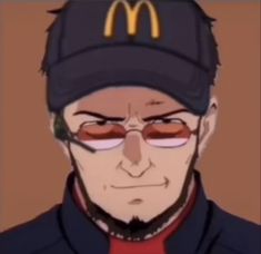 an animated man wearing glasses and a hat with a mcdonald's logo on it