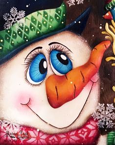 a painting of a snowman with blue eyes and green hat, holding a carrot in his hand