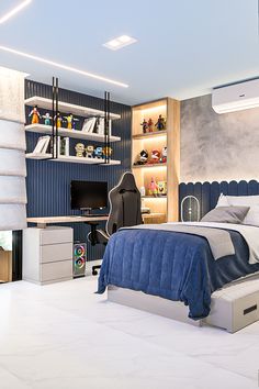 a bedroom with a bed, desk and shelves