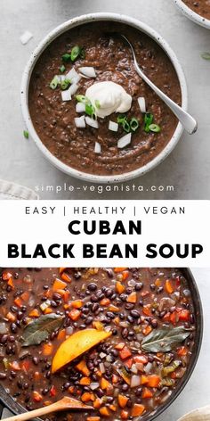 black bean soup in a white bowl with spoons next to it and the recipe below