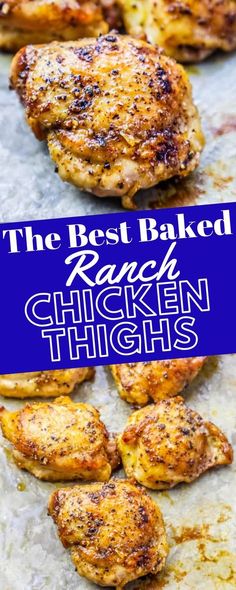 the best baked real chicken thighs recipe on a baking sheet with text overlay that reads, the best baked real chicken thighs