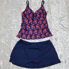 Dark Skort Bottoms Top Has Print Size M New With Tags Blue Fitted Swim Set, Fitted Blue Swim Sets, Stretch Sleeveless Set For Poolside, Blue Swimming Sets, Fitted Summer Pool Sets, Navy Fitted Tankini For Vacation, Fitted Navy Tankini For Vacation, Blue Stretch Swimwear Sets For Pool, Blue Stretch Swim Sets For Pool