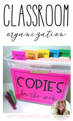 an organized classroom organization bin with crayons in it and the words copies for the week