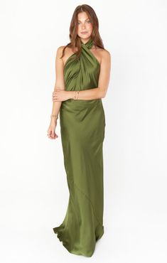 Jasmine Halter Maxi Dress ~ Champagne Luxe Satin – Show Me Your Mumu Wedding Officiant Dress, Waffley Wedded, Olive Green Formal Dress, Bridesmaid Dress Color Schemes, Sept Wedding, Green Wedding Guest Dresses, Garden Wedding Dress Guest, Olive Bridesmaid Dresses, Olive Green Bridesmaid Dresses