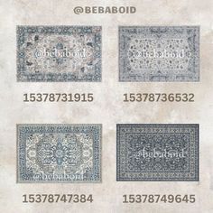 four different rugs are shown with the names and numbers on each one side, along with