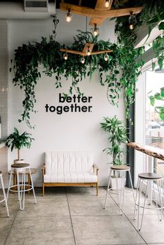 an office with plants growing on the wall and two couches in front of it