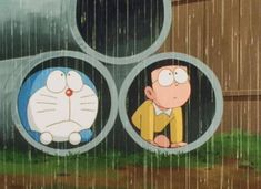 two cartoon characters sitting in the rain with their faces obscured by large pipes behind them