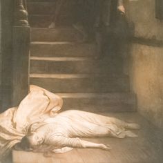 a painting of two dogs sleeping on the floor