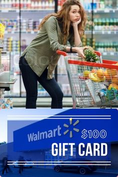 a woman pushing a shopping cart with a walmart $ 100 gift card in it