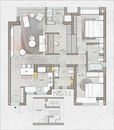 the floor plan for an apartment with two beds and one living room, which is divided into three separate rooms