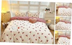 four pictures of the same bed with red and white bedspreads, one has cherries on it