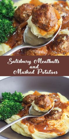 two pictures of meatballs and mashed potatoes with broccoli