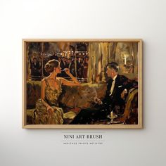 a painting on the wall of a man and woman sitting at a table drinking wine